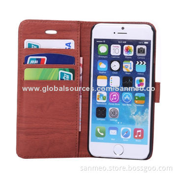 Leather Mobile Phone Case for iPhone 6, Perfectly Fits the Shape, Wood Grain with Wallet & HolderNew